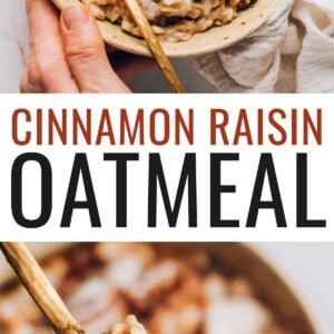 A bowl of cinnamon raisin oatmeal topped with banana slices and coconut butter drizzle. Photo below is a close up of a spoon with a bite of the cinnamon raisin oatmeal.