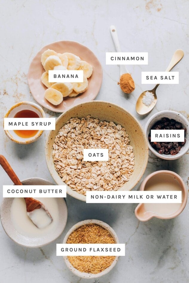 Ingredients measured out to make cinnamon raisin oatmeal: cinnamon, sea salt, banana, maple syrup, oats, raisins, coconut butter, non-dairy milk and ground flaxseed.