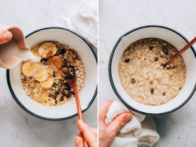 Side by side photos of how to make cinnamon raisin oatmeal. The first photo is a hand pouring non-dairy milk into a pot with bananas, cinnamon, flaxseed, raisins and oats. The second photo is the pot with the cooked oatmeal. Spoon is in the pot.