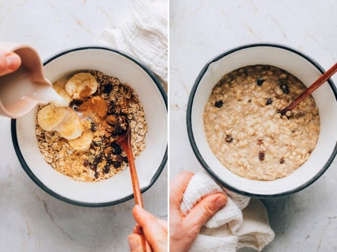 Side by side photos of how to make cinnamon raisin oatmeal. The first photo is a hand pouring non-dairy milk into a pot with bananas, cinnamon, flaxseed, raisins and oats. The second photo is the pot with the cooked oatmeal. Spoon is in the pot.