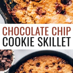 Close up of a spoon taking a bite out of a chocolate chip cookie skillet. Photo below: A cast iron skillet containing a baked chocolate chip cookie that encompasses the entire skillet.