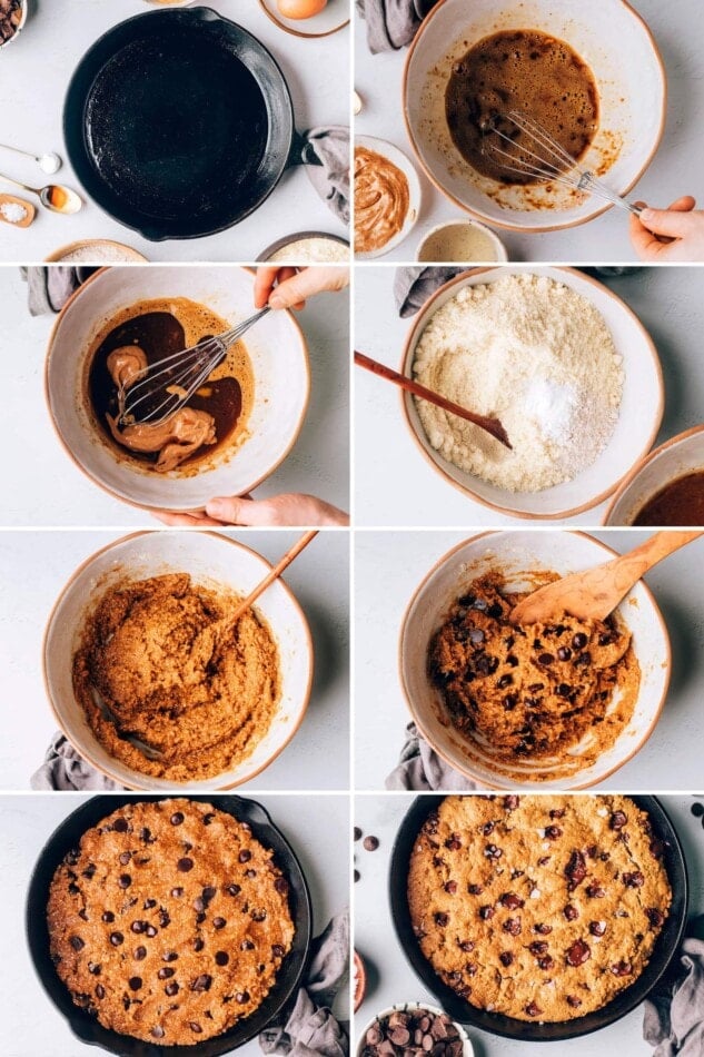 Collage of 8 photos showing the steps to make a cookie skillet: greasing the skillet, making the chocolate chunk cookie dough, adding to the skillet and then baking.