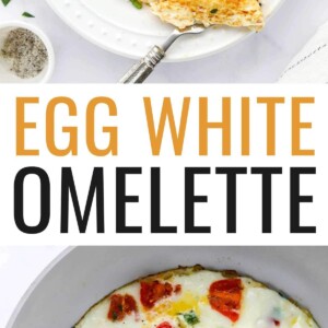 An egg white omelette on a plate, a fork is removing a bite. Photo below is of the veggies and egg whites cooked in a skillet before being flipped.