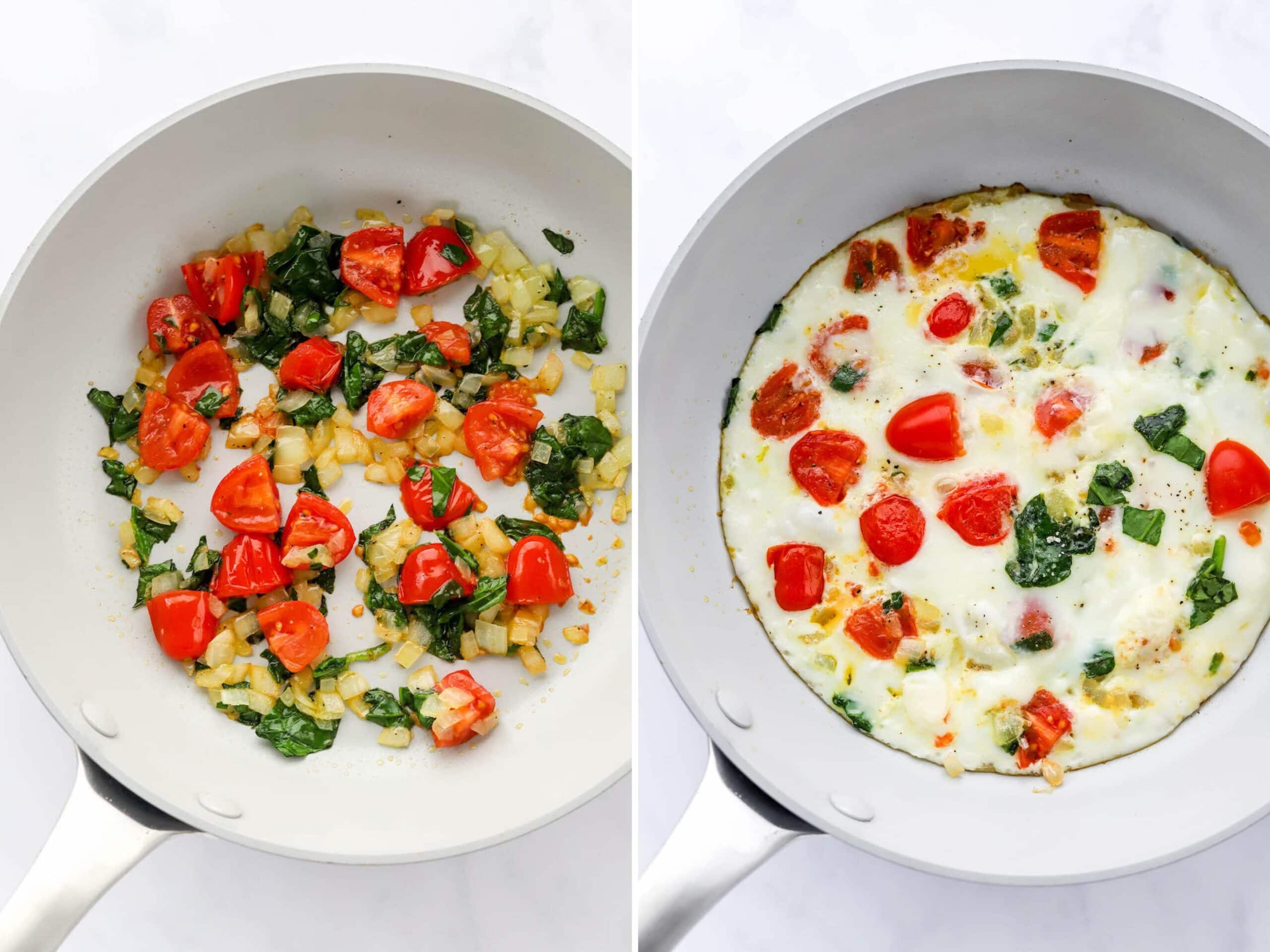 Side my side photos. The first is sautéed tomatoes, onion and spinach in a skillet. The second is egg whites poured in the skillet and cooked.