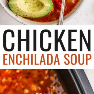 A bowl of chicken enchilada soup, topped with shredded cheese, avocado slices and fresh cilantro. Photo below is a ladle with a scoop of the chicken enchilada soup from a slow cooker.