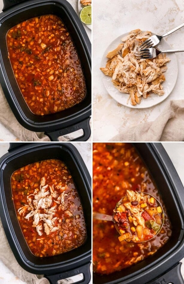 Collage showing the 4 steps to make chicken enchilada soup: ingredients in a slow cooker, plate with shredded chicken, adding shredded chicken into the slow cooker, and a photo of a ladle with some of the soup.