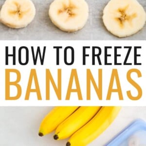 Slices of frozen banana on a parchment-lined cookie sheet. Photo below: Whole bananas, banana halves in a bag and banana slices in a bag.