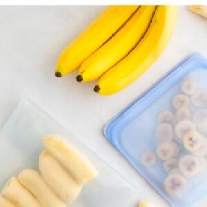 Whole bananas, banana halves in a bag and banana slices in a bag.