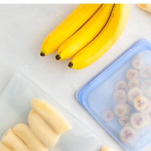 Whole bananas, banana halves in a bag and banana slices in a bag.