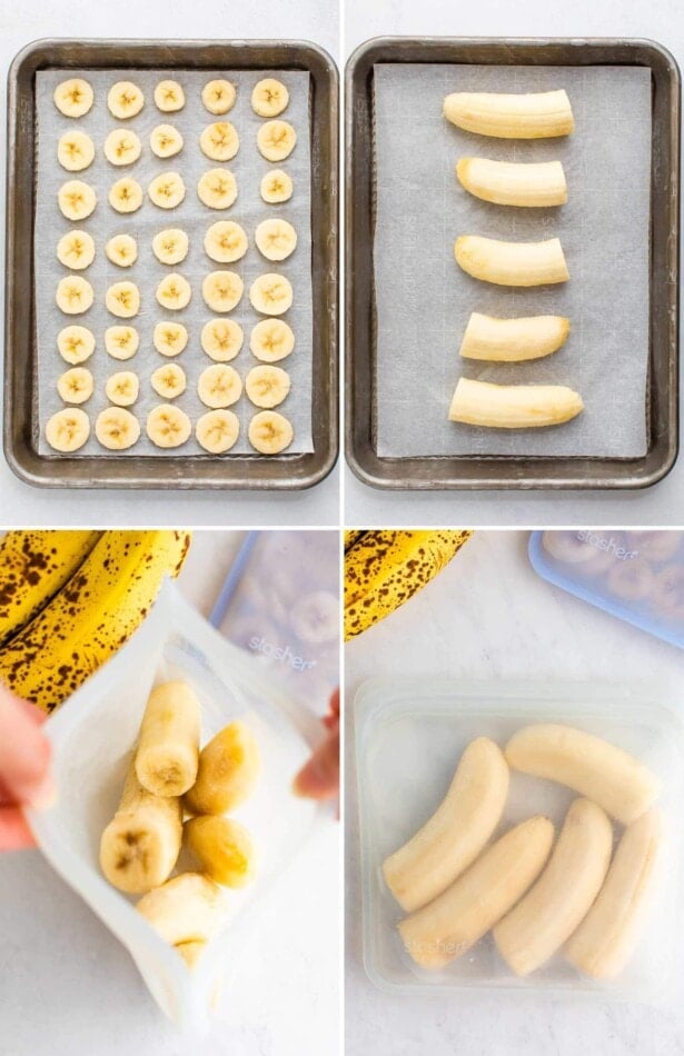 Collage of four photos: two showing sliced bananas and banana halves on a parchment-lined cookie sheet. Photos below are frozen banana halves in a reusable bag before and after being closed.