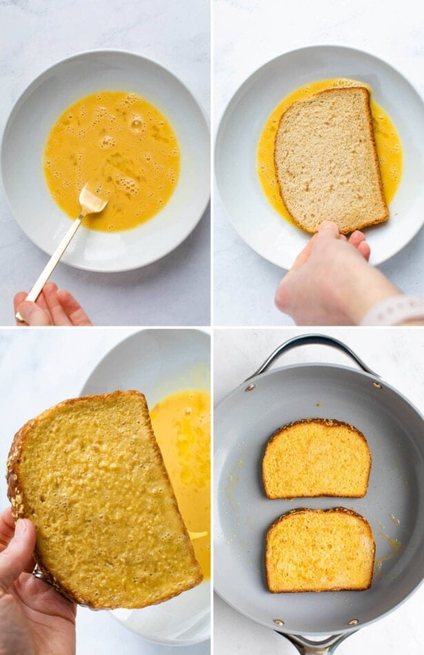 Collage of four photos showing how to make french toast: whisking egg mixture, dipping in a slice of bread, dripping off the egg and then cooking in a skillet.