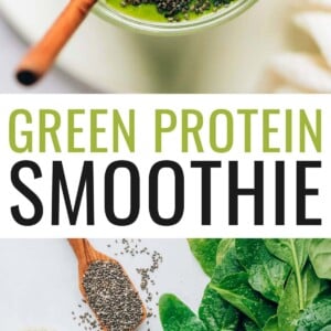 An overhead photo looking at a mason jar containing green protein smoothie that has been topped with black chia seeds. A straw sticks out of the mason jar. Photo below is of the ingredients needed to make the smoothie: chia seeds, spinach, vanilla protein powder, almond milk and frozen banana.