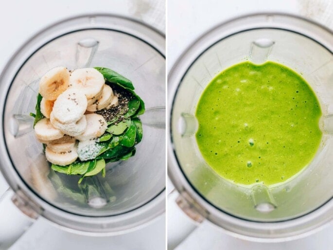 Side by side photos of how to make a green protein smoothie: ingredients in a blender before and after being blended.