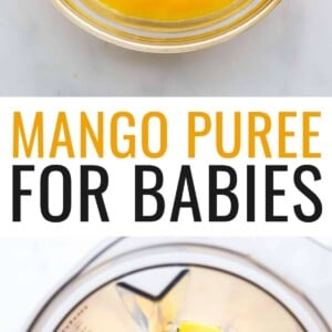 Photo of a bowl of mango puree baby food, photo below of a blender with mango chunks.