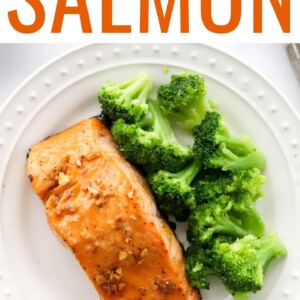 Plate with a filet of maple glazed salmon and steamed broccoli.