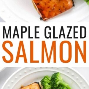 Plate with a filet of maple glazed salmon and steamed broccoli. Photo below is a fork taking a bite of salmon.