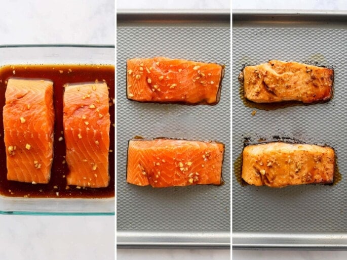 Three photos of salmon marinating in a maple glaze, and the salmon on a sheet pan, before and after being baked.