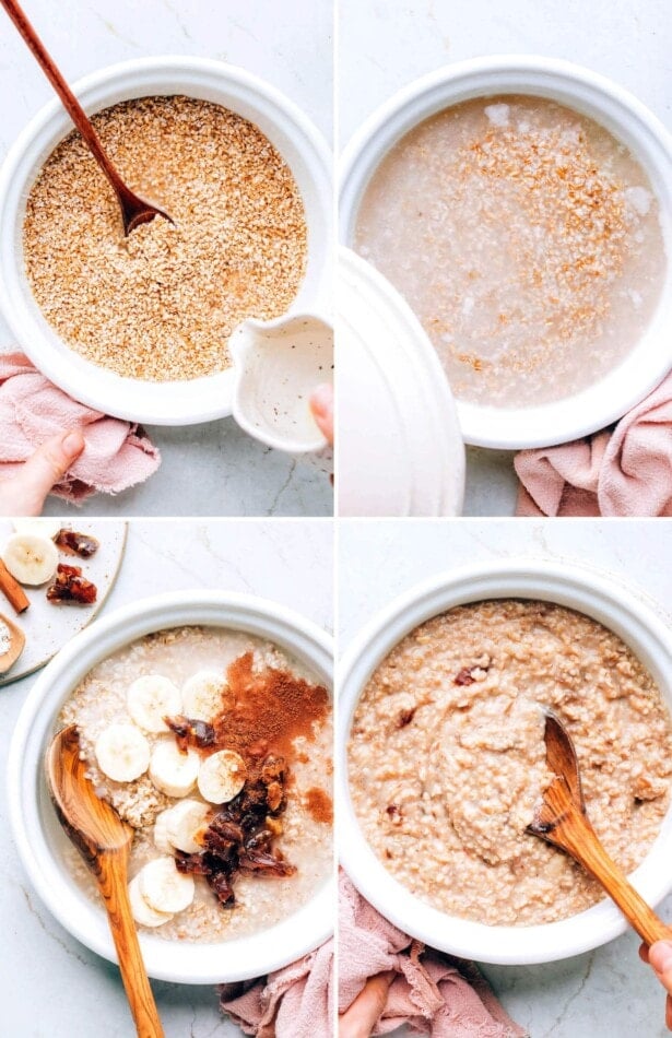 Collage of four photos showing the process to make nutty date oatmeal: adding steel cut oats and water to a pot, stirring in banana, dates and cinnamon, and cooking until thick.