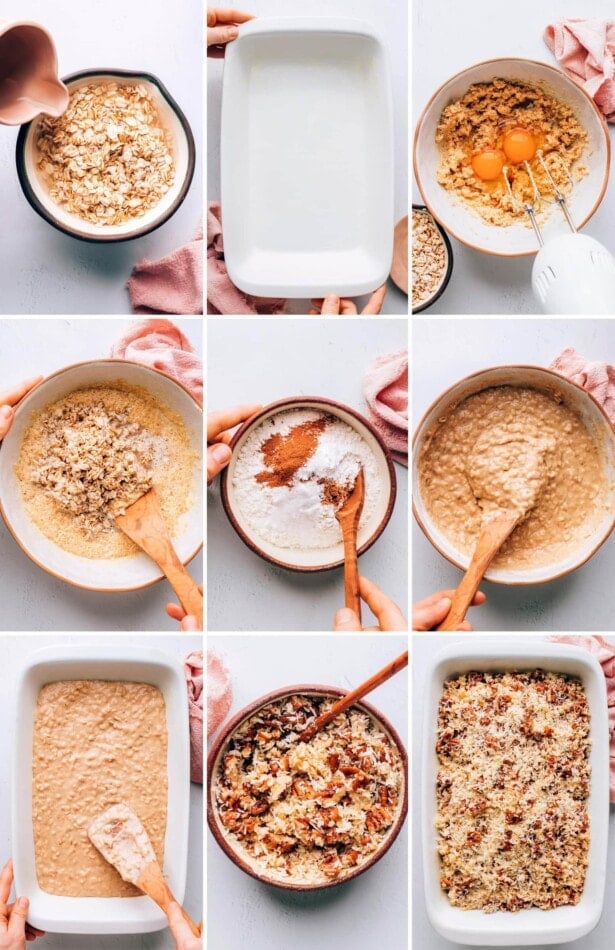 9 photos with the steps how to make oatmeal cake, from mixing the batter, to baking the cake with a coconut pecan topping.