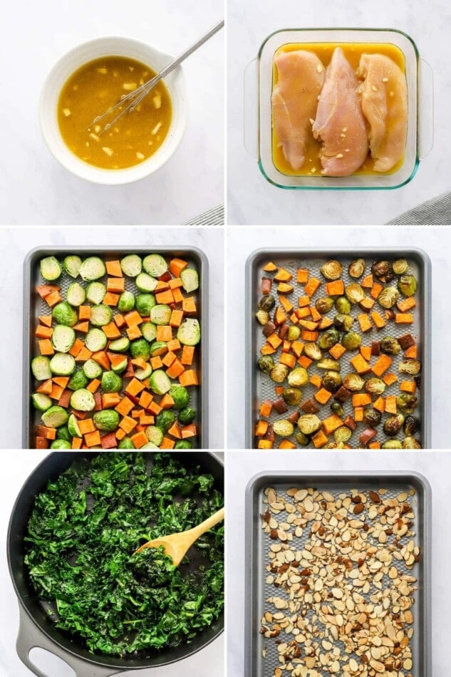 Collage of 6 photos, marinade, chicken in marinade, veggies on a sheet pan, veggies roasted on a sheet pan, kale in a skillet and toasted almond slices on a sheet pan.