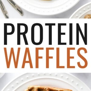 An overhead and close up photo looking at a plate with a rectangular protein waffle that has been drizzled with maple syrup and peanut butter. Photo below is of the waffle with a fork taking a bite out of it.