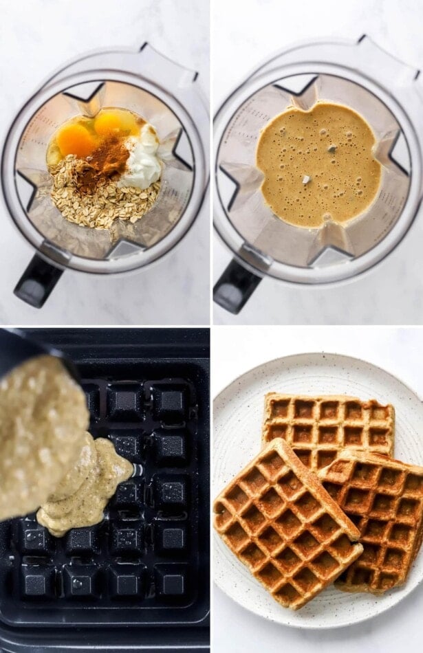 Collage of four photos showing the steps to make protein waffles: blending the batter in a blender, pouring into a waffle iron, and then the cooked waffles on a plate.