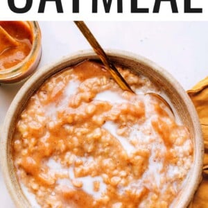 An overhead photo looking at a bowl of salted caramel oatmeal. A spoon rests in the bowl.