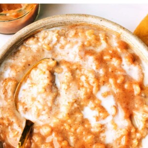 An overhead photo looking at a bowl of salted caramel oatmeal. A spoon rests in the bowl.