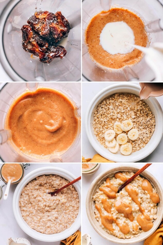 Six photos in a collage showing how to make date caramel in a blender, and how to make oatmeal and top it with the caramel.