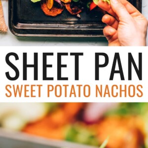 A sheet pan with sweet potato nachos and toppings. A hand is adding fresh chopped cilantro. Photo below: A sweet potato "chip" with nacho toppings.