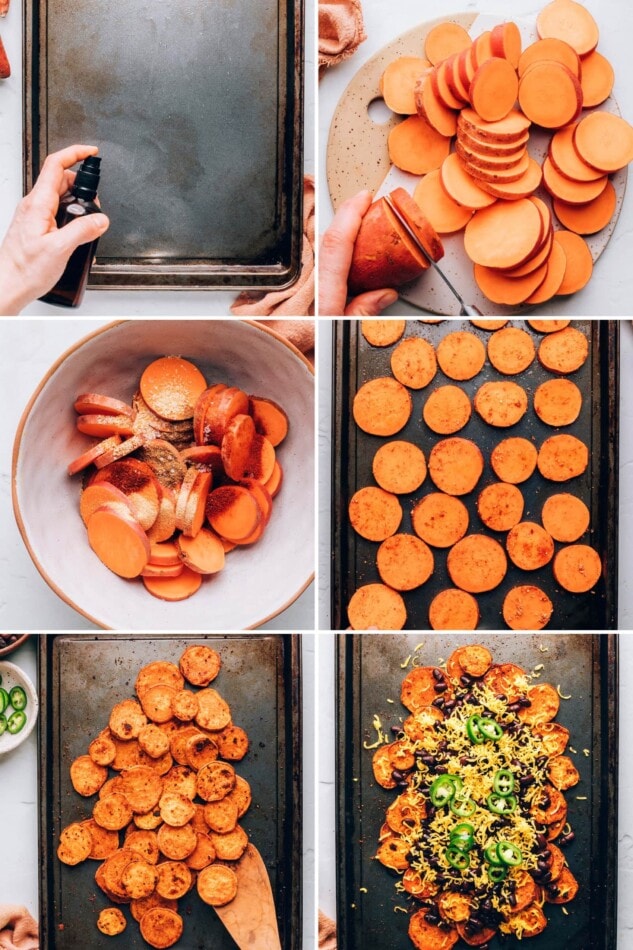 Collage of 6 photos showing the steps to make sweet potato nachos: spraying a sheet pan with oil, slicing the sweet potato into rounds, tossing the slices with spices, laying on a roasting pan, roasting the potatoes and then adding nacho toppings.