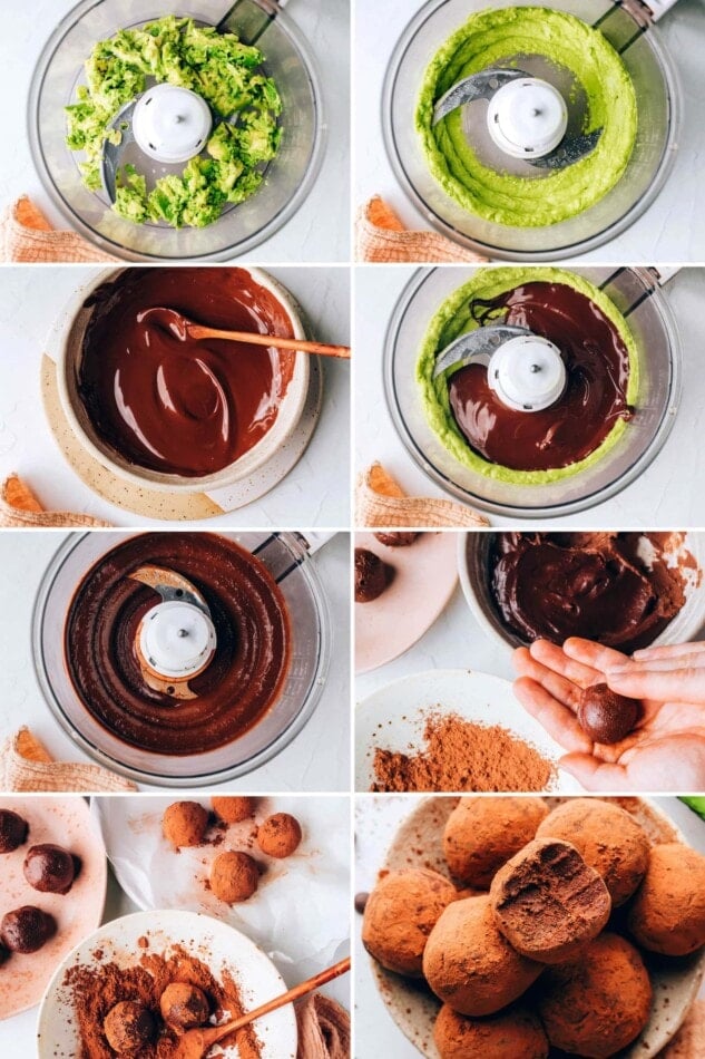 Collage of 8 photos showing how to make chocolate avocado truffles: processing avocado, adding melted chocolate, rolling into truffles and coating with cocoa powder.