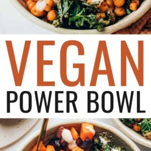 A bowl containing kale, chickpeas and roasted veggies, with a creamy white bean sauce drizzled on top. Photo below is the vegan power bowl with sweet potatoes, kale and chickpeas topped with the dressing.
