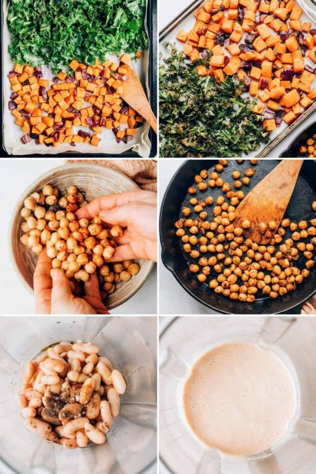 Collage of six photos showing steps for making vegan power bowls: roasting sweet potatoes, onion and kale on a sheet pan, sautéing chickpeas in a skillet, and making a creamy cannellini bean dressing in a blender.