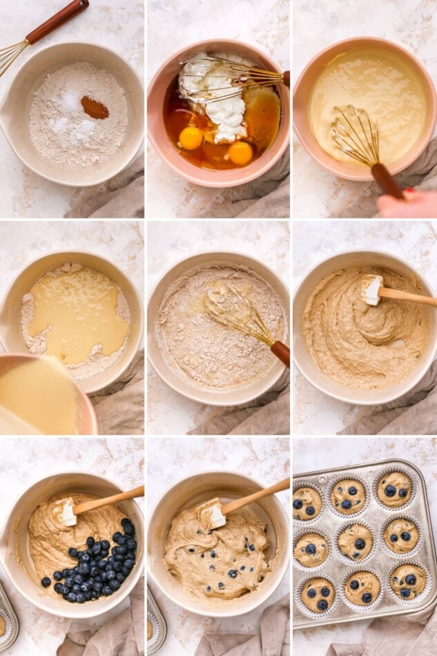 Collage of 9 photos showing the steps how to make the batter for yogurt blueberry muffins.