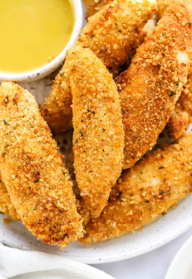 A closeup view of air fryer chicken tenders.