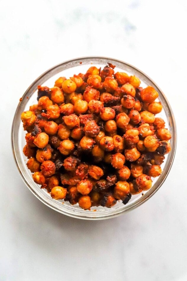Air fried BBQ chickpeas in a glass bowl.