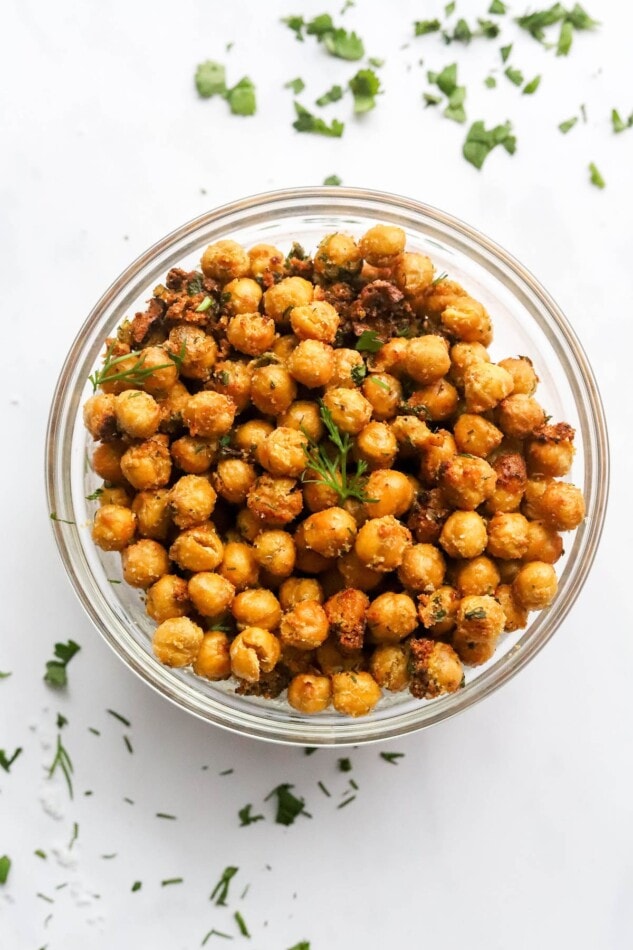 Air fried ranch chickpeas in a glass bowl.