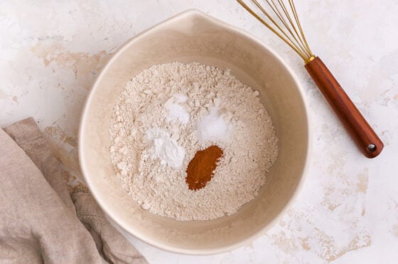 Flour, baking powder, baking soda, salt and cinnamon in a large bowl.