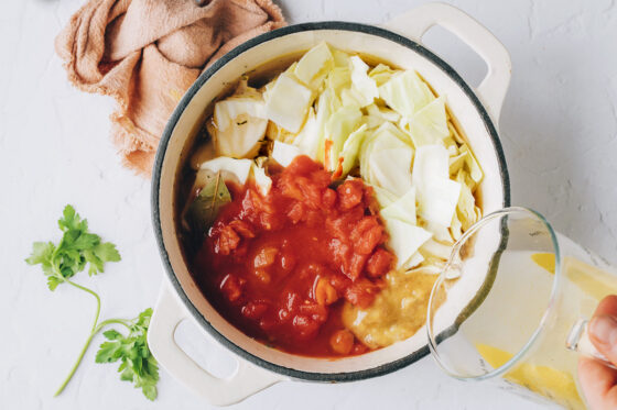 Vegetable broth, applesauce, canned tomatoes and cabbage added to a large pot. The vegetable broth is being poured in.