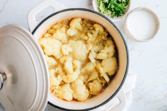 Cauliflower cooking in a stock pot.