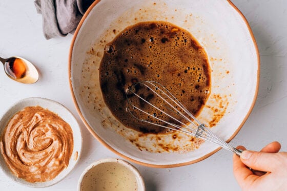 Eggs and coconut sugar whisked together.