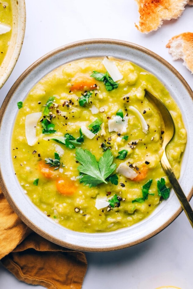 A bowl of vegan split pea soup.