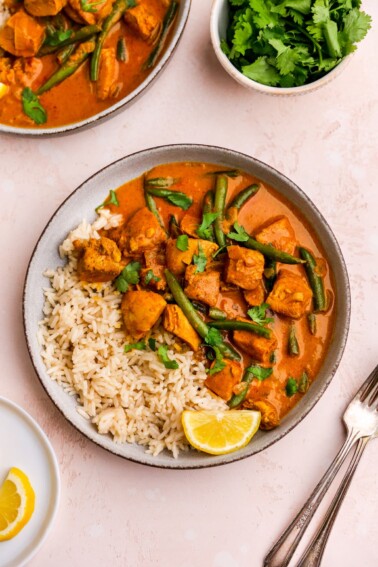 A birds eye view of a bowl containing half rice and half butter chicken.