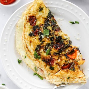Overhead photo of a plate containing an egg white omelette.
