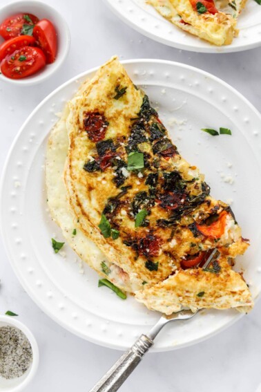 Overhead photo of a plate containing an egg white omelette.