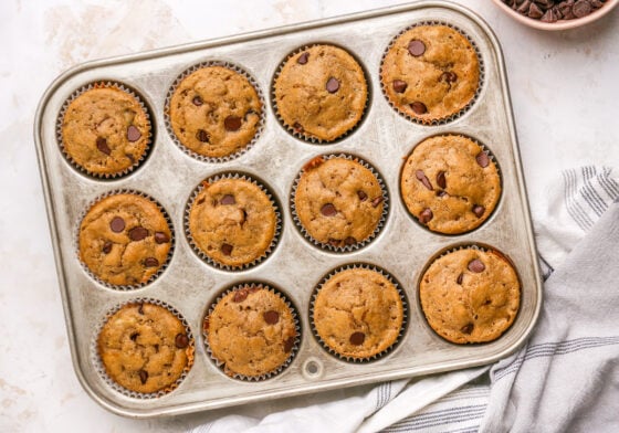Twelve chocolate chip muffins in a muffin tin.