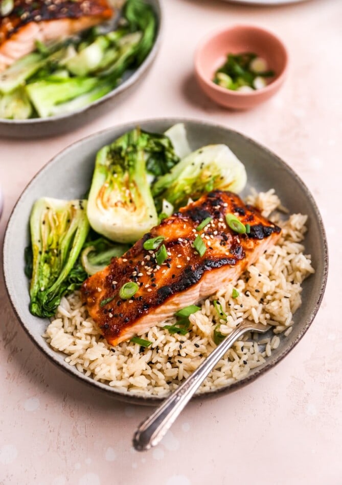 A shallow dinner bowl with a filet of miso salmon over a bed of brown rice and bok choy.