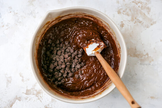 Chocolate chips added to the protein brownie batter.