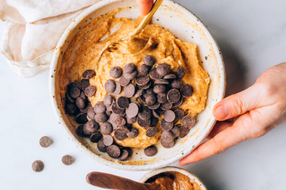Chocolate chips added to protein cookie dough batter.